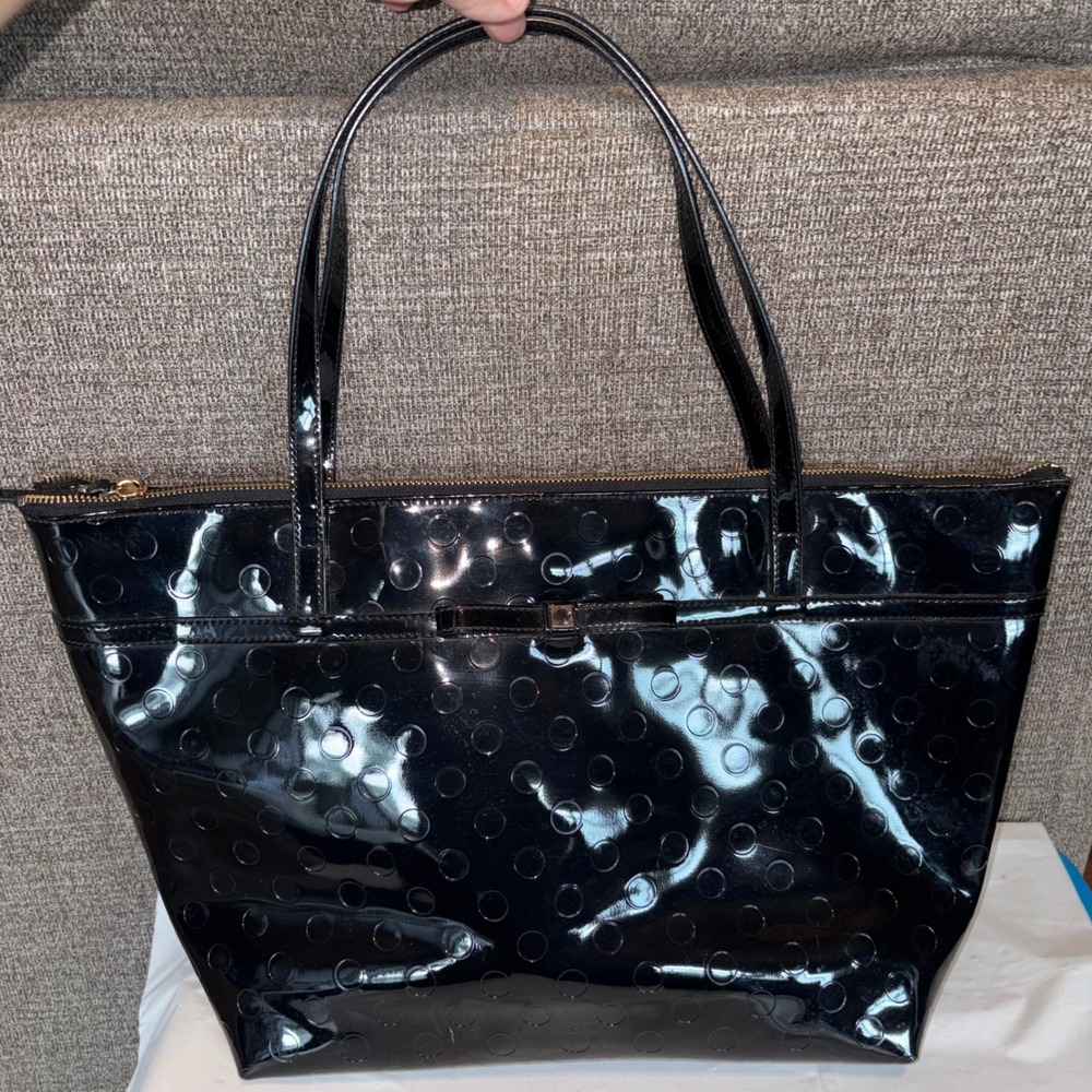 Kate Spade Sophie Camellia Black Patent Polka Dot Bow Tote Bag Shoulder Purse